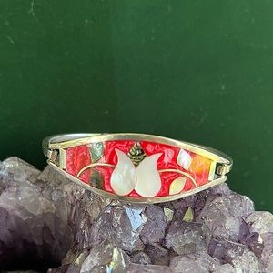 INLAY ENAMEL PINK ABALONE PAUA SHELL BRACELET ALPACA MEXICO SILVER